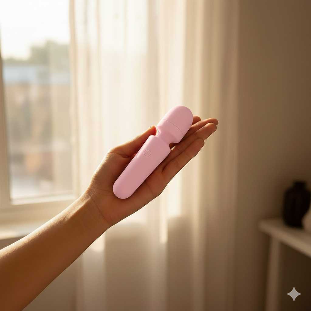 compact massager displayed on hand